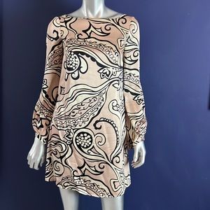 Tara Jarmon Beige and Black Long Sleeve Silk Dress